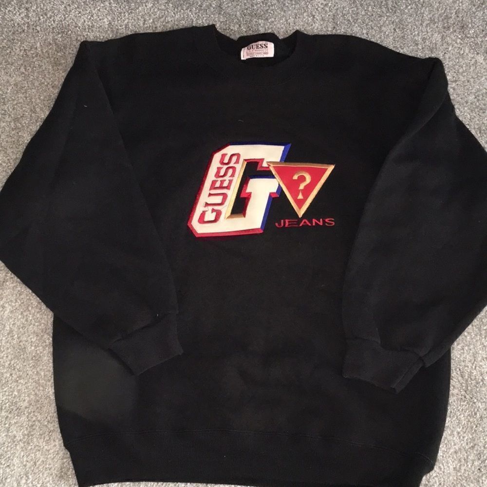 Vintage GUESS raised letter Black mens made in USA sweatshirt L retro hipster